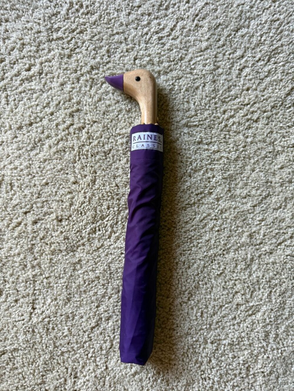 Raines Classic Purple Folding Umbrella — Wooden Duck Head Handle w/ Sleeve